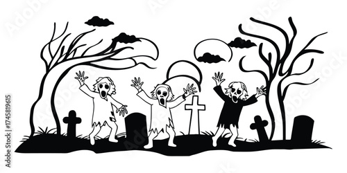 Zombie silhouette vector set with walking undead monsters, graveyard hands, and spooky atmosphere — ideal for Halloween party poster, horror illustration, October vector design, and scary night 