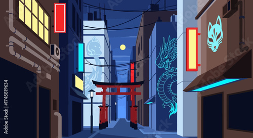 Traditional Japanese Torii Gate in a vibrant alleyway at night.