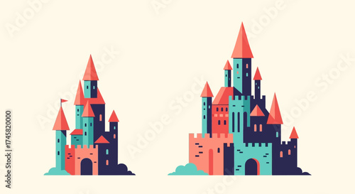 Two colorful fairytale castles in a flat vector illustration style.