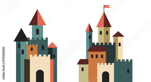 Two colorful medieval fairytale castles with towers and battlements.