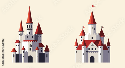 Two fairytale castles with red roofs and white walls.