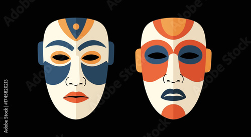 Two tribal masks with vibrant colors and intricate designs.