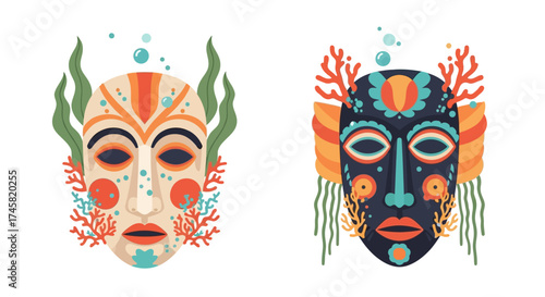 Two tribal masks with oceanic and tribal adornments.