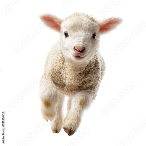 Cute lamb running forward on atransparent background studio shot