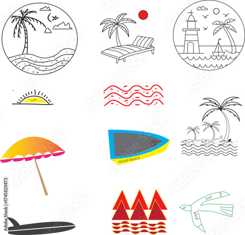 Dreamy summer vacation doodles featuring beaches, palm trees, surfboards and sunshine for a fun, relaxing and playful holiday vibe