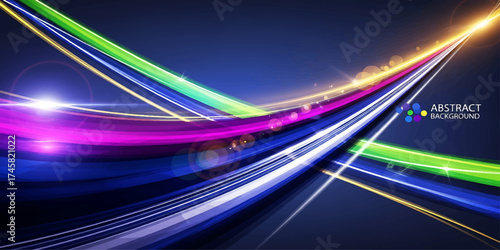 Vibrant abstract light trails flowing across a dark background