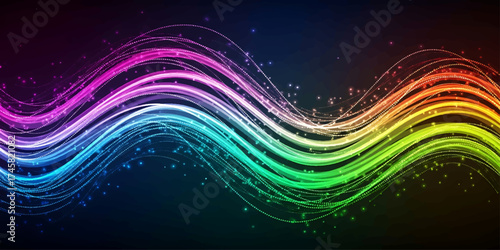 Abstract fractal art of dynamic blue and colorful light lines forming a flowing wave pattern against a dark background, a futuristic design vector illustration