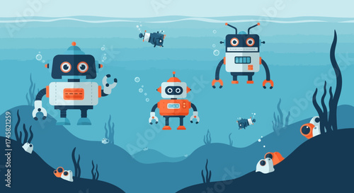 Underwater robots explore the depths of the ocean, a technological marvel.