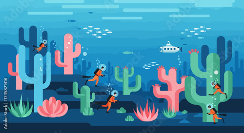 Underwater scene with colorful cacti and deep-sea creatures.