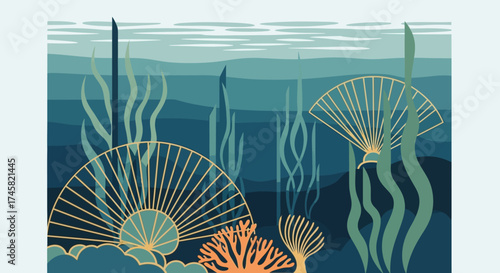 Underwater scene with diverse marine flora and coral formations.