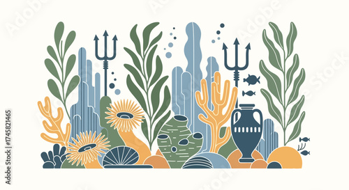 Underwater Scene with Marine Life and Ancient Artifacts.