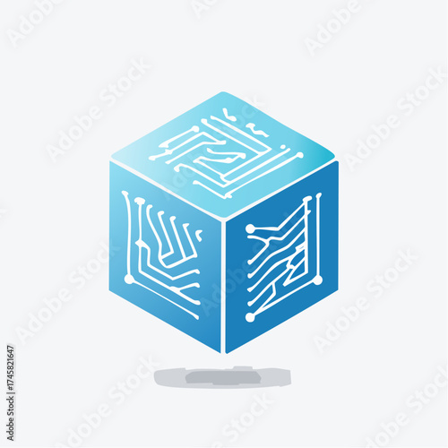 A floating isometric blue cube with intricate white circuit board patterns on its faces, casting a shadow on a white background.