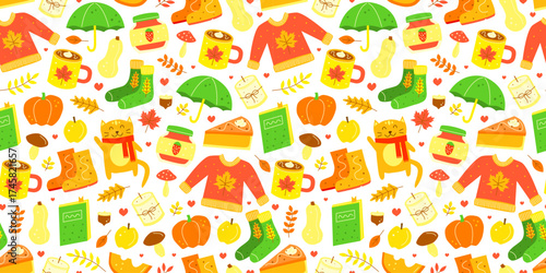 Seamless pattern with cute hand drawn flat autumn icons. Pumpkin pie, cat, umbrella, cocoa drink, mushrooms, warm sweater, socks, book, pumpkin, apple and butternut, rubber boots, etc.