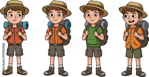 Cartoon camping boy, hiking gear, backpack, sleeping mat, outdoor adventure, character design, sandals, boots, vector illustration, nature trip