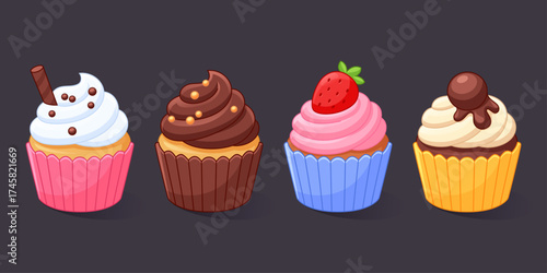 Cupcakes vector set with chocolate, cookies, sprinkles. Delicious muffins collection in cartoon style.
