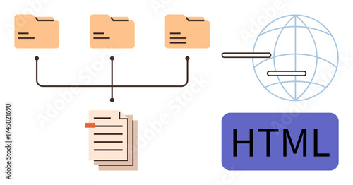 Connected file folders, documents, globe, and HTML code symbolize digital file management, website building, and data flow. Ideal for web development, programming, file systems internet coding