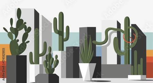 Various cacti and succulents in pots and on pedestals.
