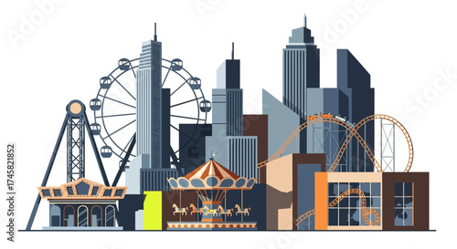 Urban Cityscape with Amusement Park Rides Illustration.