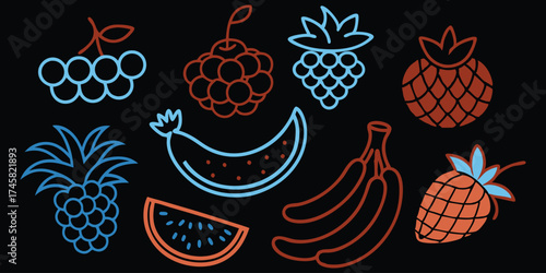 Vibrant neon fruit collection featuring grapes bananas pineapples and watermelon slices isolated on transparent background