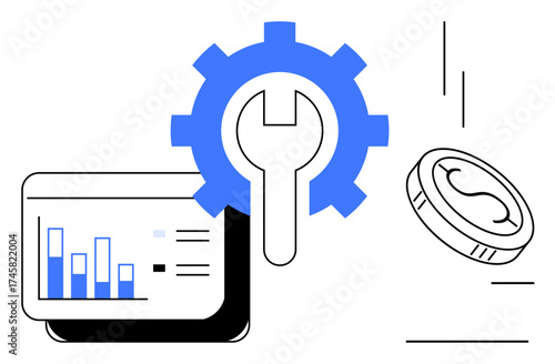 Gear with wrench, bar graph, and coin emphasize workflow, finance, analytics, and optimization. Ideal for business, investment strategy technology management innovation concept. Simple flat