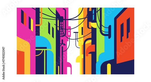 Vibrant Alleyway with Colorful Buildings and Overlapping Wires.