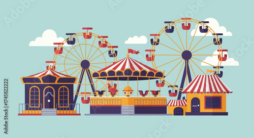 Vibrant Amusement Park Scene with Ferris Wheels and Carousel.