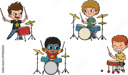 Cartoon children playing drums, musical performance, percussion instruments, diverse characters, rhythm, energy, vector illustration, music class, fun, sound