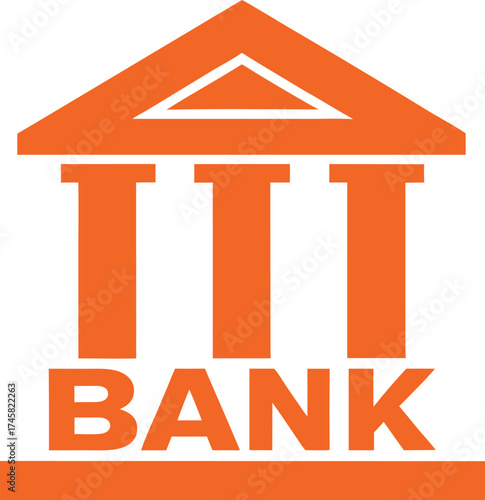 Orange Bank Icon with Columns and Geometric Roof for Financial Applications