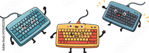 Cartoon computer keyboards, anthropomorphic tech characters, colorful vector illustration, funny gadgets, emotional electronics, playful devices, stock image, isolated white background