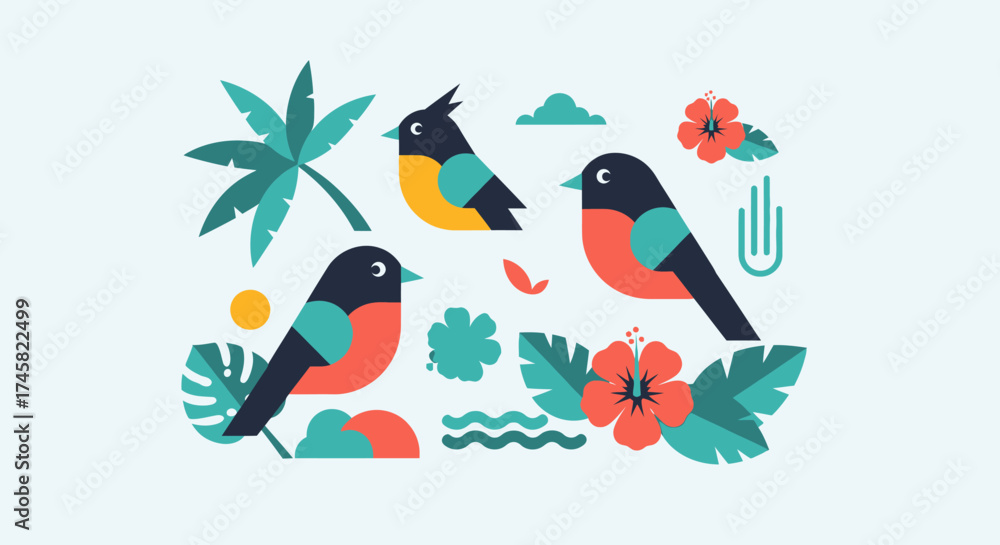Naklejka premium Vibrant Bird Illustrations with Tropical Flora and Fauna Elements.