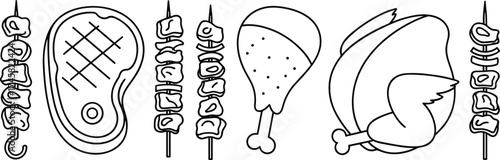 Barbecue meat and chicken skewer line art vector illustration, grilled steak and roasted turkey outline icons for restaurant, BBQ, and food design