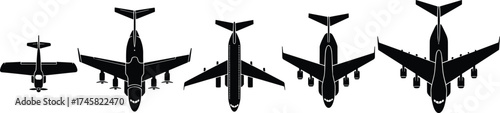 Collection of various airplane silhouettes from front and top view isolated on white background, military and commercial aircraft vector illustration