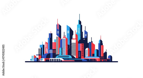 Vibrant and modern city skyline illustration with colorful buildings.