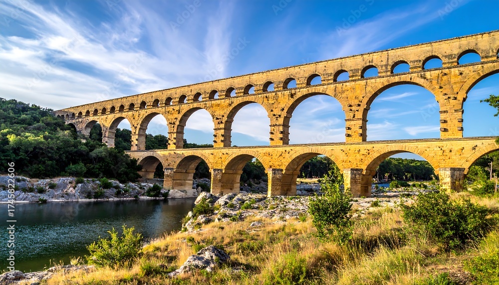 Fototapeta premium Ancient stone bridge with arches spans a river under a partly cloudy sky