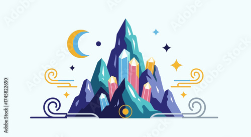 Vibrant Crystal Mountain Landscape with Celestial Elements.