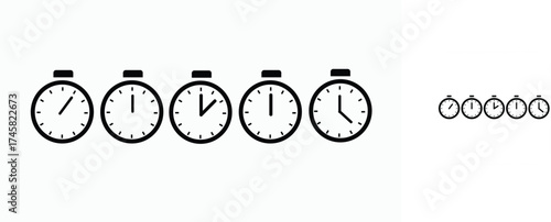 Five simple black and white clock faces showing different times arranged in a row on a white background