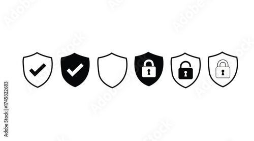 Collection of shield icons representing security concepts like protection privacy and data safety