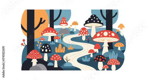 Vibrant Fantasy Mushroom Forest Path Illustration.