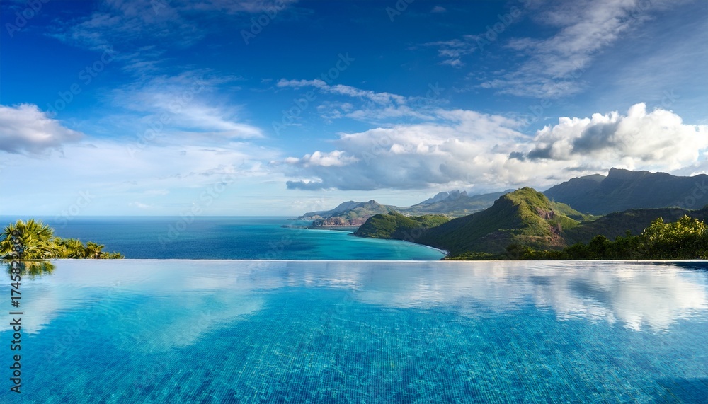 Naklejka premium infinity pool overlooks mountainous coastline with crystal clear turquoise waters reflecting sky