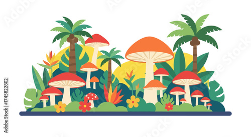 Vibrant Fantasy Mushroom Forest with Tropical Plants and Palm Trees.