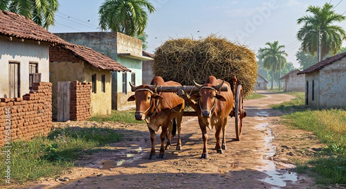 “Traditional bullock cart carrying hay through village streets, photorealistic 8K.”
