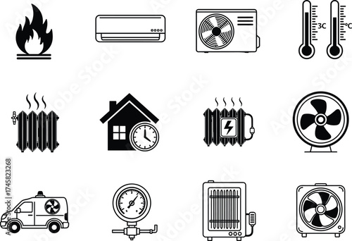 Heating and cooling system vector icons set showing air conditioner, heater, radiator, fan, thermostat, temperature control, and home climate regulation equipment illustration