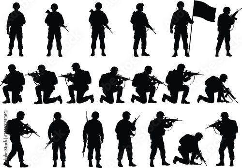 Military soldiers silhouette collection vector, armed men with rifles in combat positions, army troop illustration set for war, defense, and security design concept