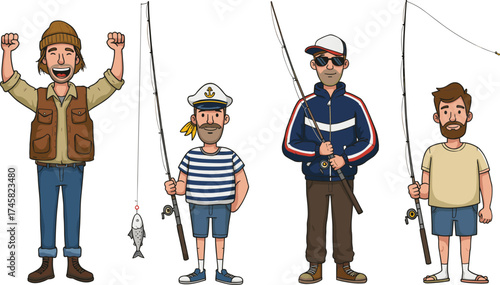 Cartoon fishing characters, outdoor activity, catch fish, fishing rod, sailor outfit, boat, nature adventure, vector illustration, celebration, gear