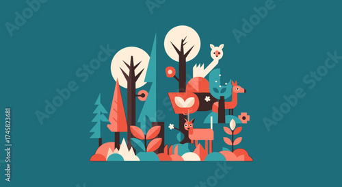 Whimsical characters and a friendly fox in a stylized forest scene.