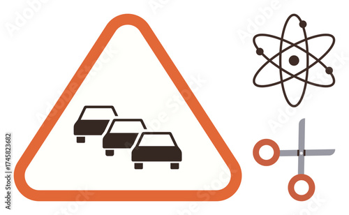 Traffic congestion warning inside triangle frame, atomic structure, open scissors. Ideal for science, road safety, creativity, decision-making, simplicity engineering futuristic concept. Simple