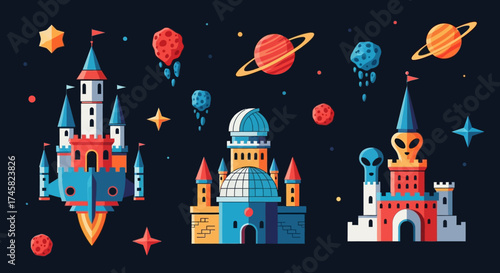 Whimsical fantasy castles and planets in outer space illustration.