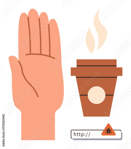 Raised hand symbolizing caution, steaming coffee cup, and warning triangle with bug over website link. Ideal for cybersecurity, caution, awareness, phishing threats, responsibility, risk aversion