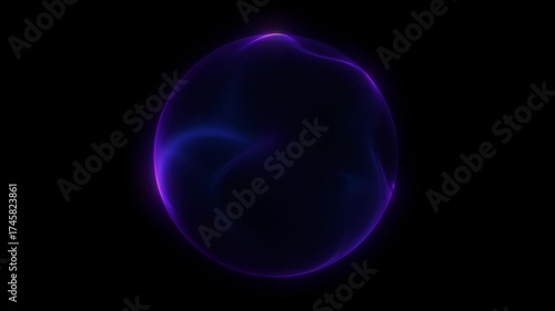 A deep purple glowing sphere on a black background. A round pink purple neon bubble. A magical vortex of a ball with colored plasma. Mystical crystal glass energy. Astral or aural swirl, glitter.