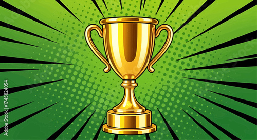 Winner's golden cup trophy for victory success. First place prize celebration in pop art comic style vector